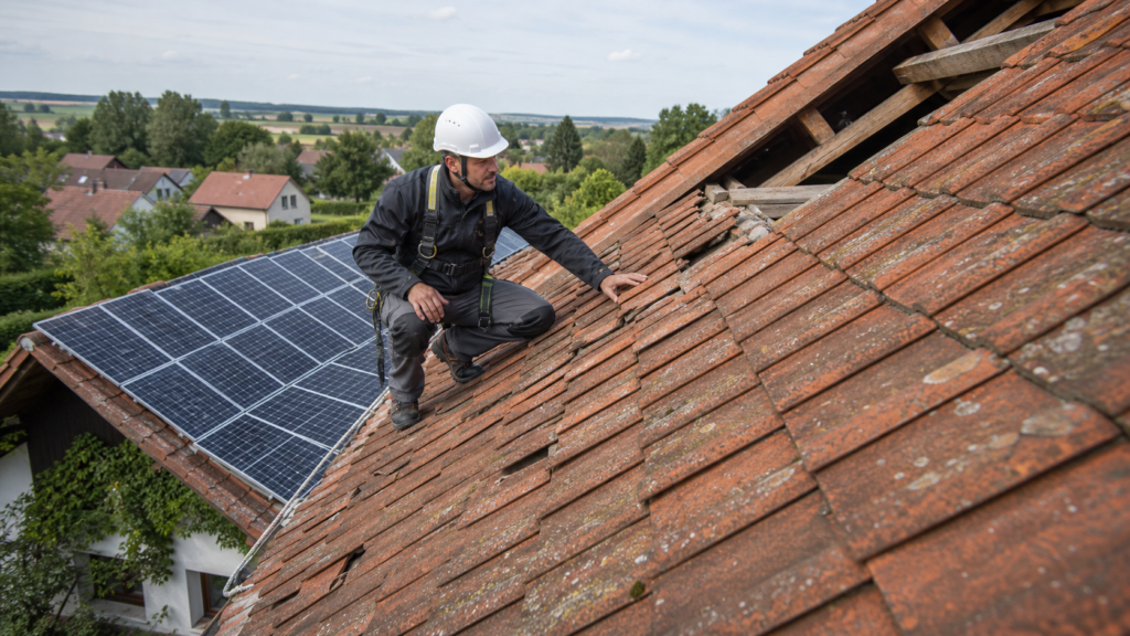 Technik kontroluje starší taškovou střechu před instalací fotovoltaických panelů