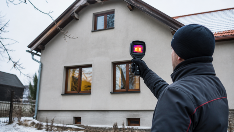 Technik kontroluje termokamerou fasádu a okna rodinného domu
